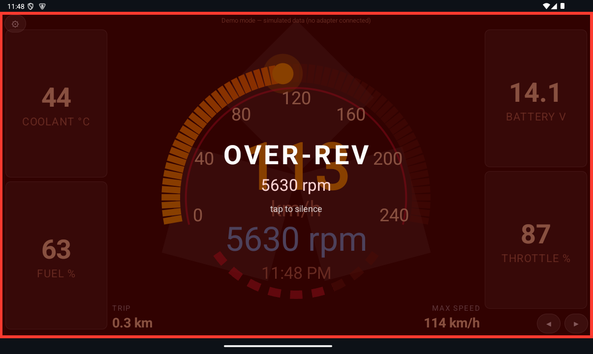 RGB OBD over-rev overlay flashing OVER-REV with the rpm and tap to silence over the gauges