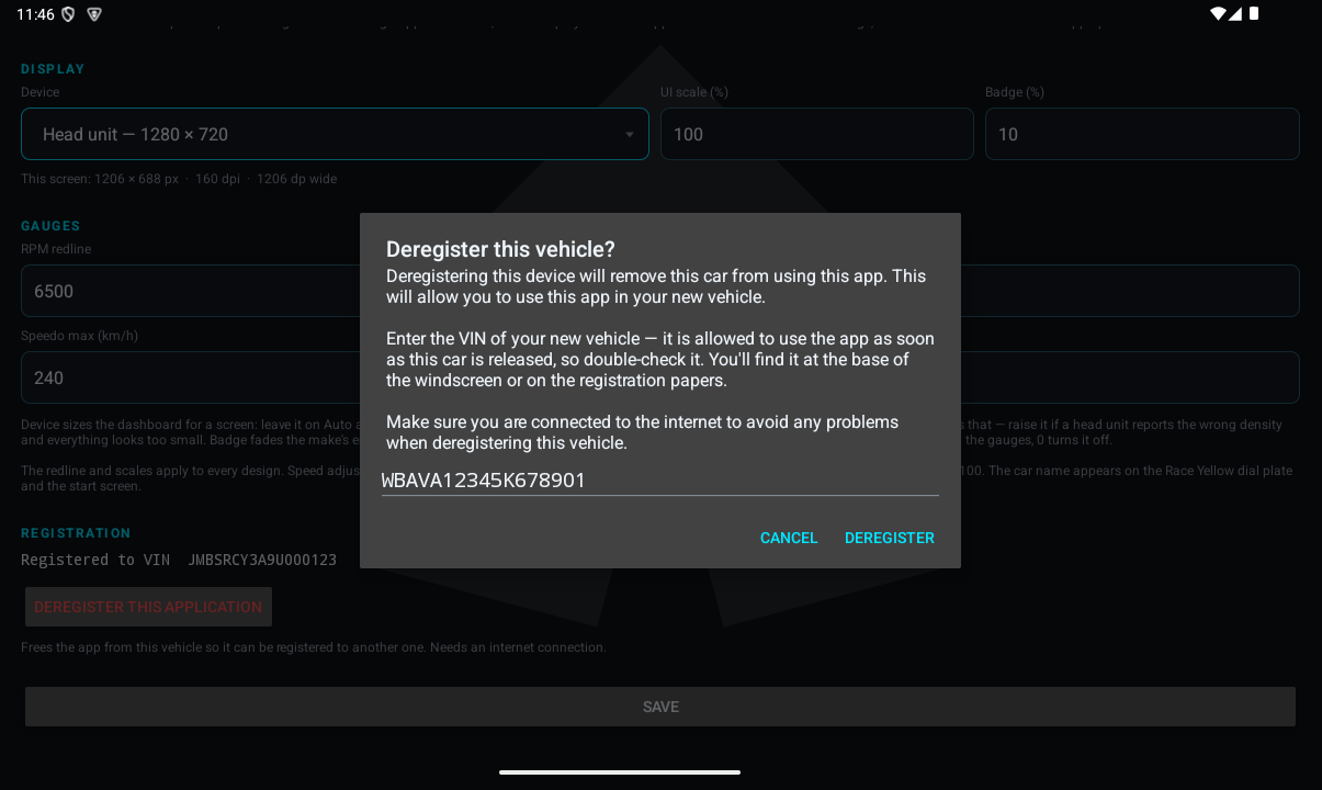 RGB OBD deregister dialog asking for the new vehicle's VIN before transferring the licence