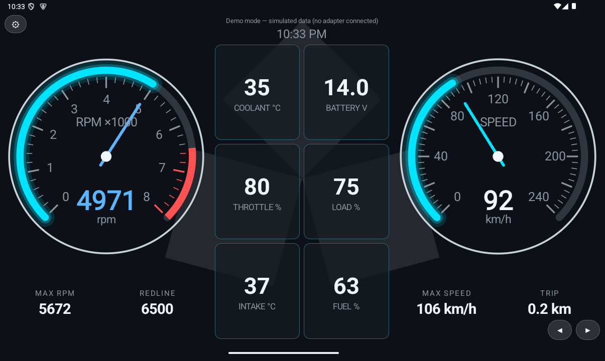 RGB OBD Neo Cyan design: tachometer and speedometer dials with six readout cells