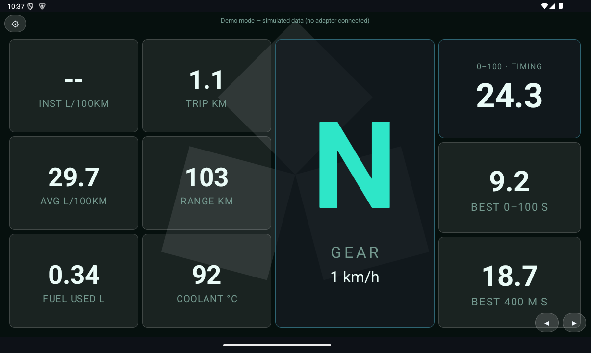 RGB OBD trip computer: fuel economy, range, learned gear and 0-100 km/h timing