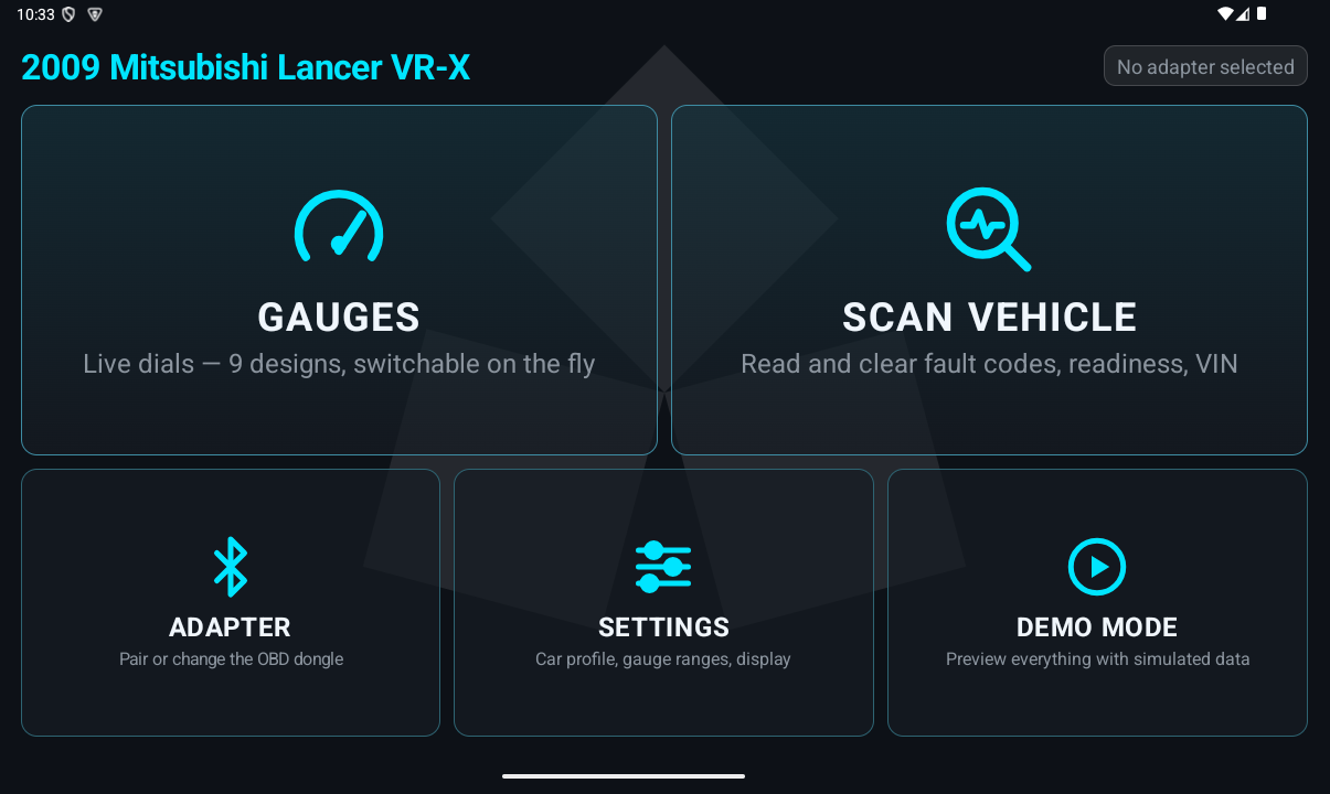 RGB OBD home screen with gauges, scan vehicle, adapter, settings and demo mode tiles