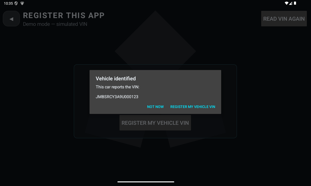 RGB OBD registration screen showing the VIN read from the vehicle