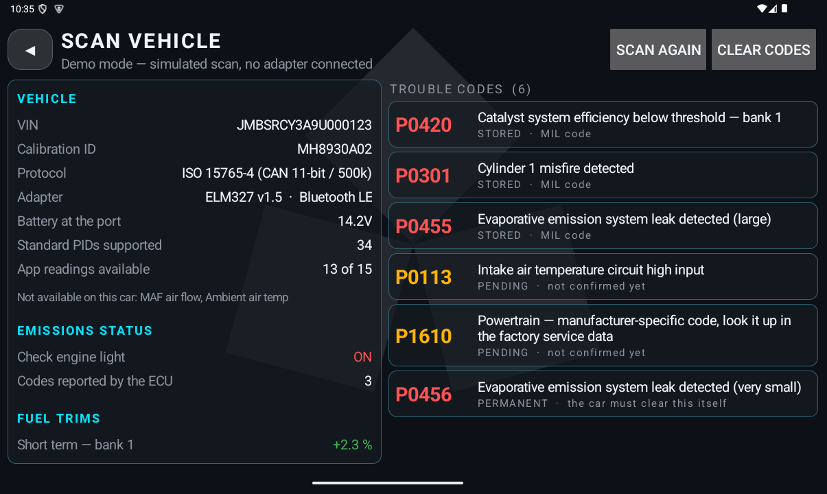 RGB OBD vehicle scan report: VIN, protocol, emissions status, fuel trims and six trouble codes with descriptions